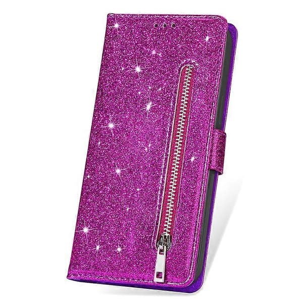 Kompatibel med iPhone 16 Pro Max Etui Glitter Læder Stativ Telefonetui Lynlåslomme Pink