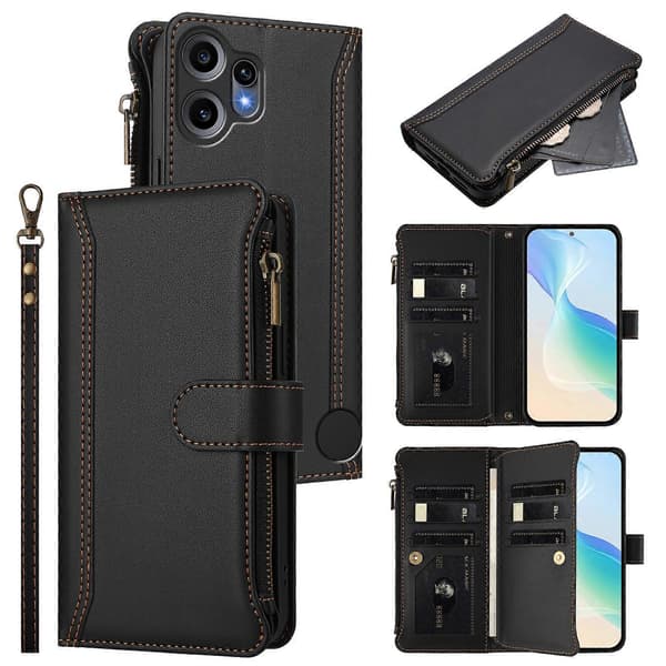Compatible with Nothing CMF Phone 2 Pro Leather Case 9 Card Slots Zipper Wallet Stand Phone Case with Wrist Strap Black