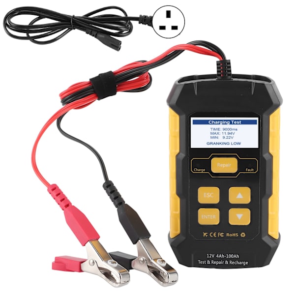 Bilbatteritester, oplader, vedligeholdelsesapparat, bilbelastningsanalysator, start- og ladesystemtestværktøj, UK-stik 110-250V