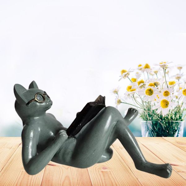 Litterære katteharpiks ornamenter have statue dekoration læsebriller kattehåndværk til studie og kontor