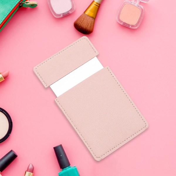 Fyrkantig Mini Sminkspegel Resa Utomhus med PU Läderfodral Rosa