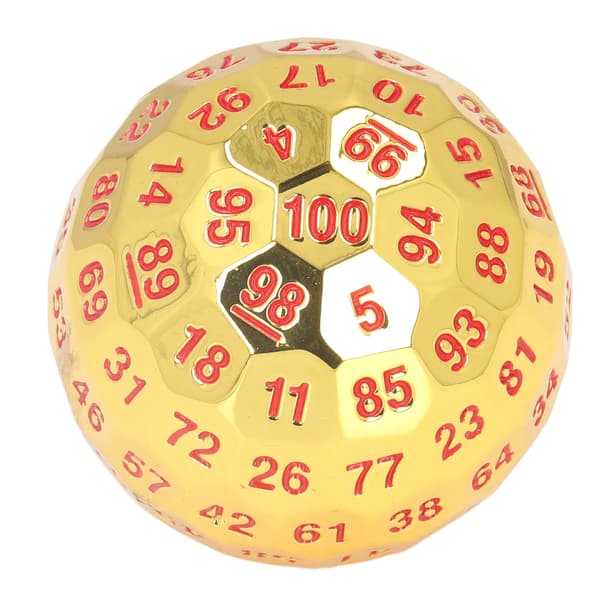 100-siders polyedrisk tallterning i metall, 5 cm diameter, lett å lese med fløyelspose for over 14 år, gullfarge