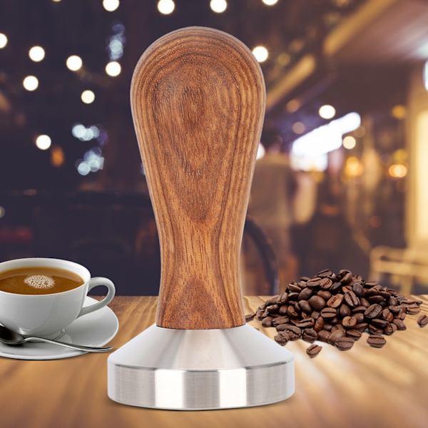 51mm rustfritt stål kaffepulverpresser med trehåndtak for hjemmebruk