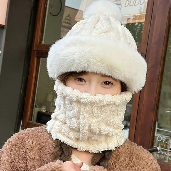 High-Quality One-Piece Knitted Hats, Thermal, Neck Warmer, Cycling Windproof, Plush, Fluffy, Lightweight Beige