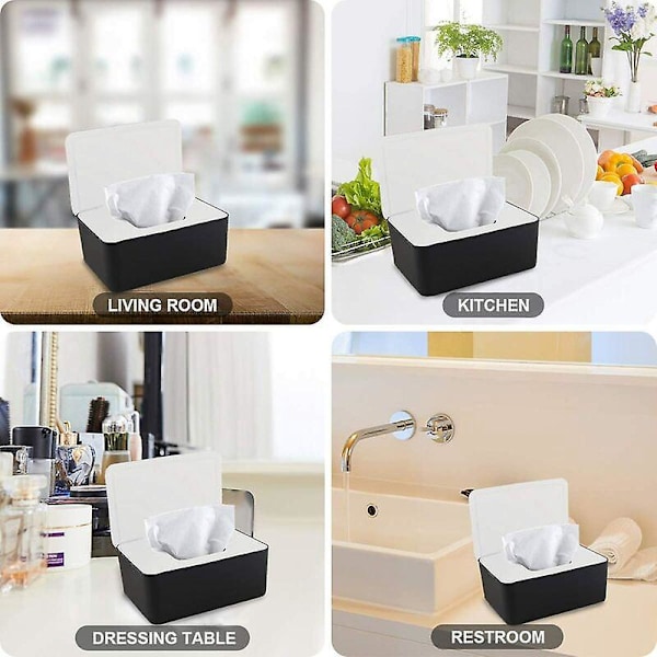 Våtserviettdispenser Plast Oppbevaringsboks med Lokk for Soverom 18.5x12x7cm - Hvit+Svart