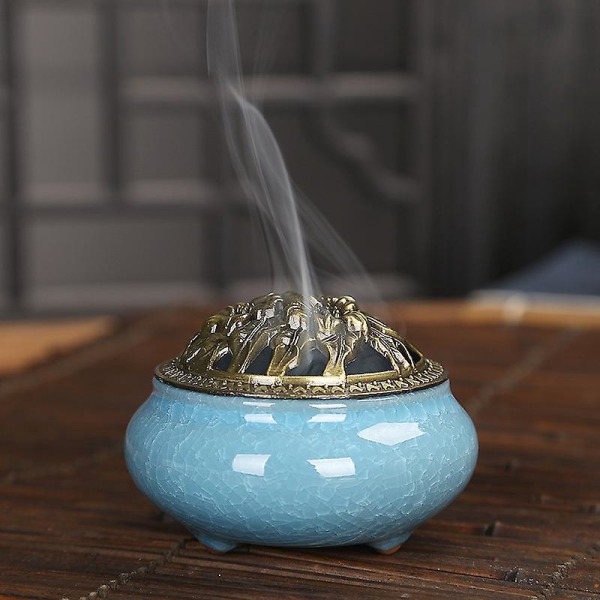 Blå keramisk røgelse brænder med messing Calabash røgelse holder