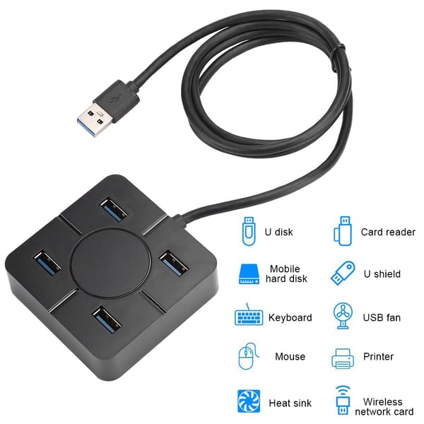 Hub USB3.0 Splitter 4-i-1 Dokkingstasjon 4-Port Multipurpose Laptop Tilbehør for Utvidelse Svart