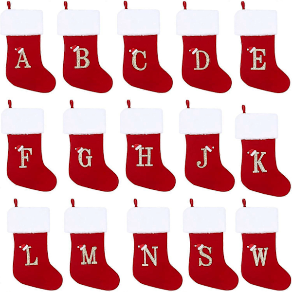 60 cm Monogram Julstrumpor med Bokstäver, Röd Sammet med Vit Supermjuk Plyschkant Broderade Julstrumpor (S)