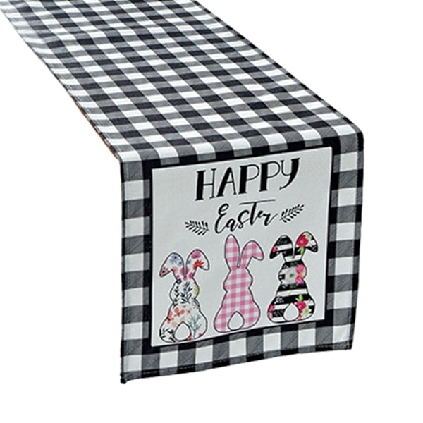 Pääsiäispöydän lippu, pupu, munat, tonttu, ruudullinen pöytäliina, pöytäjuoksija