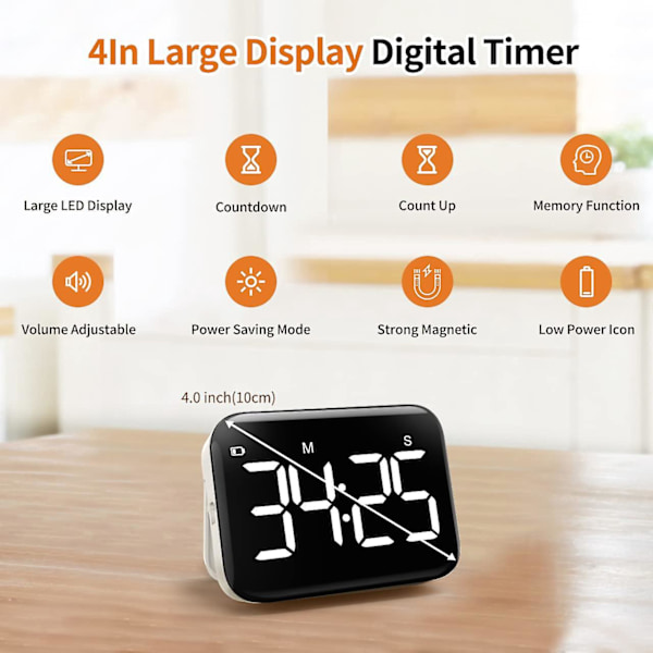 Magnetisk Kjøkken Timer - Stor Skjerm, Opptelling/Nedtelling, Batteridrevet