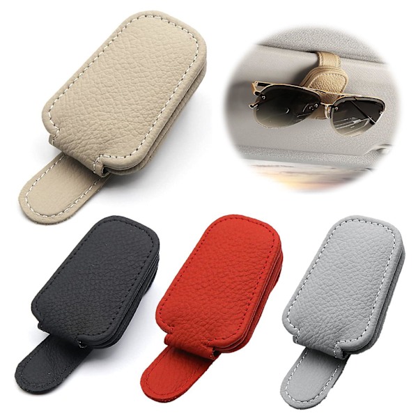 Solglasögonhållare i ko-läder med klämma (beige) för bilens solskydd, läderram för solglasögon, magnetisk klämma för solglasögon i bilen