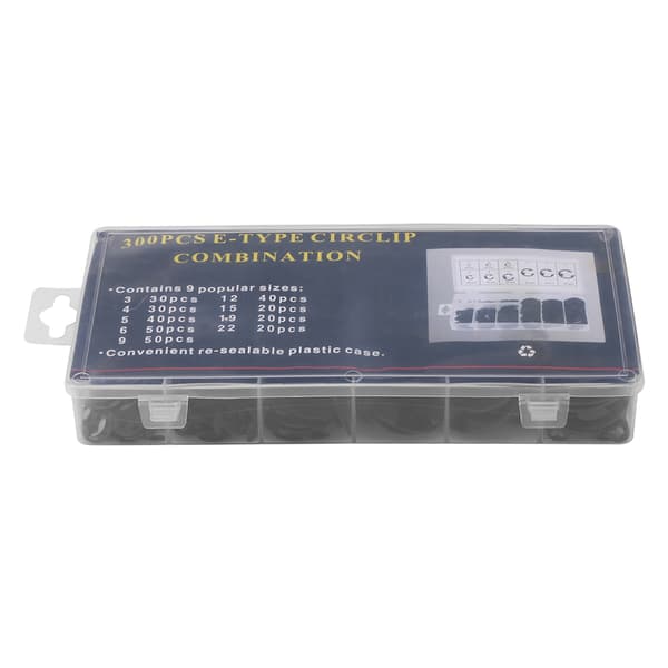 300 stk. svarte E-klips i metall, akselholderinger, sortiment 3mm-22mm med boks