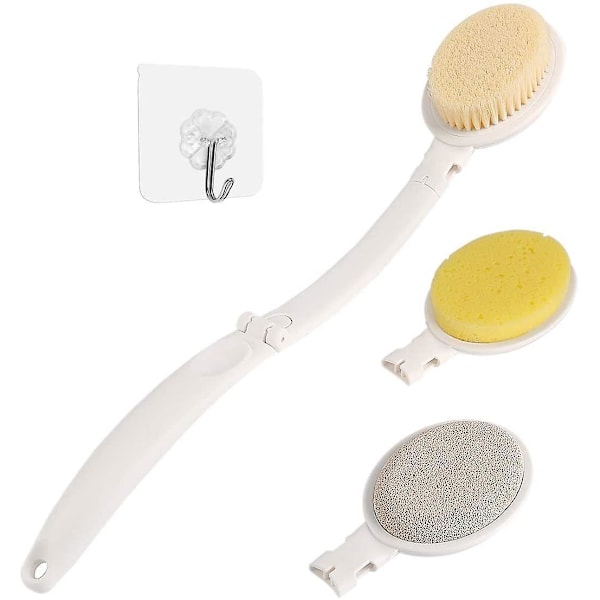 3-i-1 badesætbørste, foldbar brusebørste med ekstra langt håndtag, loofah-svamp og rygbørstehår til eksfoliering eller børstning af tør hud