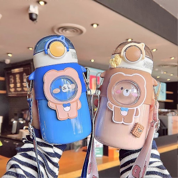 Kawaii Vannflaske med Sugerør, Søte Vannflasker med 3D Kawaii Klistremerke, Rustfritt Stål Vannflaske 600ml (Kaffe)