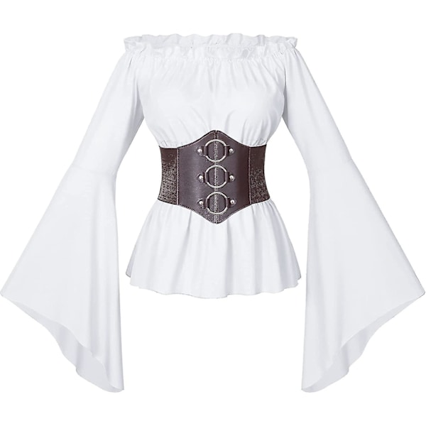 Ruffle Smocked Waist Victorian Renaissance Pirate Shirt Blouse for Women XX-Large White