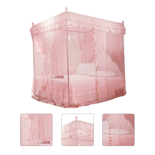 Luksus Princess 3 Sideåbninger Stolpeseng Gardin Baldakin Netting Myggenet Sengetøj (Pink S)