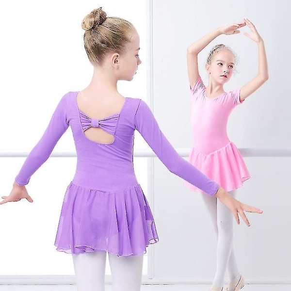 Pige Ballet Trikot med Korte Ærmer med Chiffon Skørter og Bowknot Dansetøj Højde 120-130cm Pink Langærmet