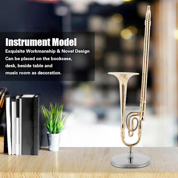 Miniatyr trombone replika med stativ og veske Gullbelagt instrumentmodell Musikalske ornamenter