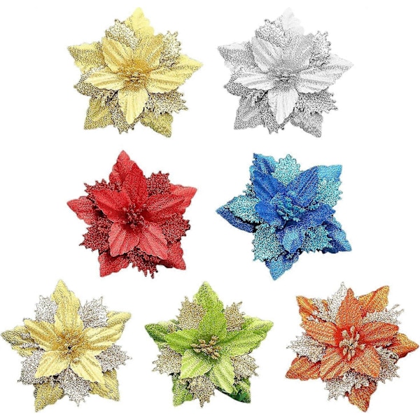 Set med 12 Konstgjorda Julstjärnor för Dubbla Lager Glitter Julgransdekoration med Guld