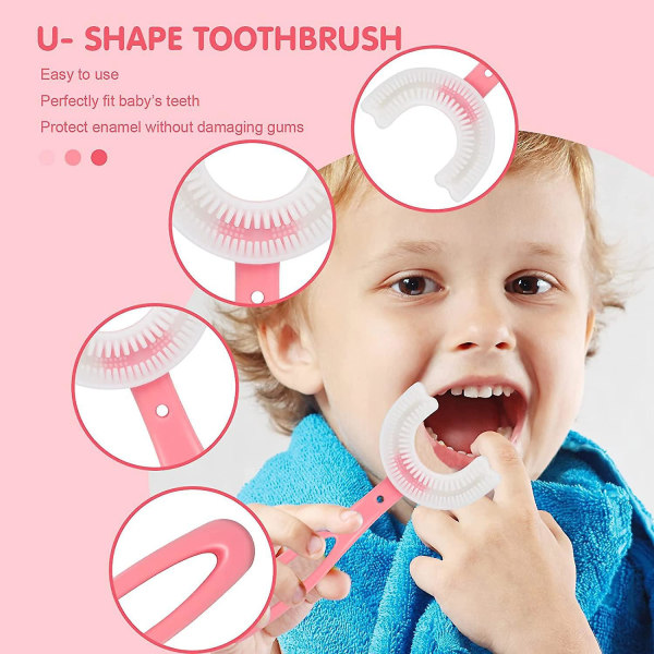U-formede silikontannbørster for barn, 360 munnpleie, børster i myk matkvalitet, tannbørster for 2-12 år (rosa)