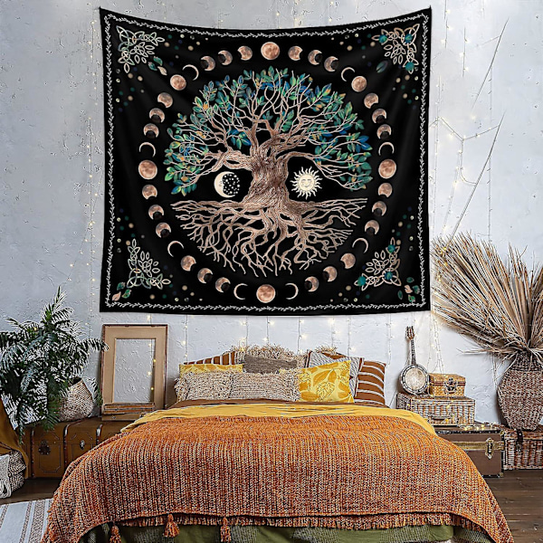 Tree of Life -seinävaahto - Moon Sun Black Psykedeelinen Mandala Starry Sky Hippie-sisustus makuuhuoneeseen (1 kpl)