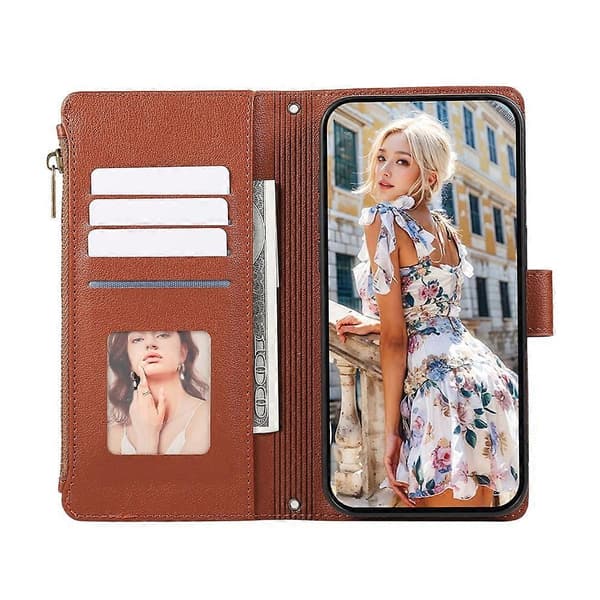Compatible Case for Samsung Galaxy A56 5G, Multi-Slot, Zipper, Leather Case with Wrist Strap Brown
