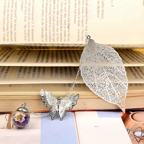 Bogmærker med 3D Sommerfugl Vedhæng Sølvblad Lilla Kugle - Perfekt Lærer Anerkendelse og Fødselsdagsgave til Kvinder, Hende, Mor, Bibliotekar og Bog
