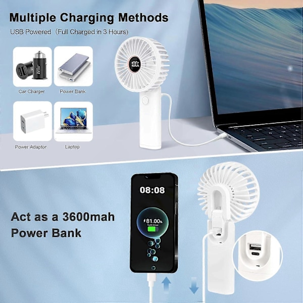 Hvid Mini Bærbar Ventilator, 3600mAh USB Genopladelig Håndholdt Ventilator, Lille Håndholdt Ventilator med 6 Hastigheder, Bærbar Elektrisk Støjsvag Batteridrevet Bordventilator wi