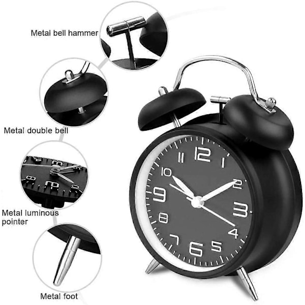 Dubbel Bell Väckarklocka Analog Quartz Väckarklocka med Nattlampa | Högt Alarm | Tyst Gående | Tyst Retro Väckarklocka, Stor 4-tums Urtavla - Svart