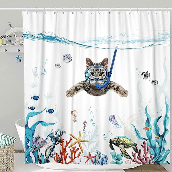 Bruseforhæng 180 x 180 cm Dykkerkat Ocean Printet Vandtæt Badeforhæng Vaskbart Anti Hurtigtørrende Polyesterstof Badeværelsestilbehør med 12 Kroge