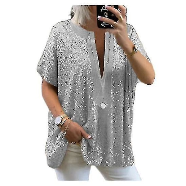 Sommer Kvinners Sequin V-Neck Kort Ermet T-Skjorte Bluse L sølv