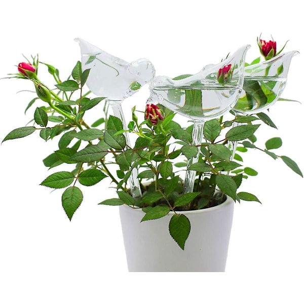 Sæt med 6 glasvandingskugler med fugleformede automatiske vandingsspidser til indendørs og udendørs planter, fremstillet af PVC, ingen lækage