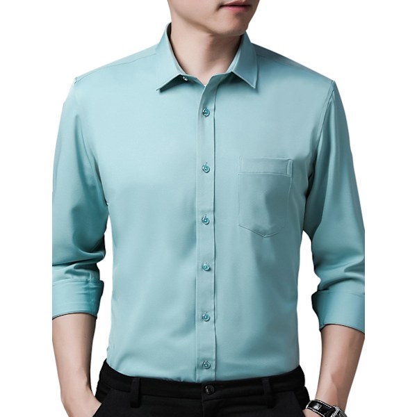 Smallast Slim Fit Solid Färg Män Herrkläder Långärmad Knapp-Ner Klänningsskjorta - Ljusgrön