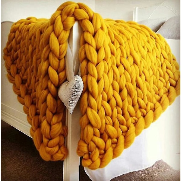 Tyk Strikket Merino Uld Tæppe - Boho Soveværelse Dekoration - 100x130cm Gul