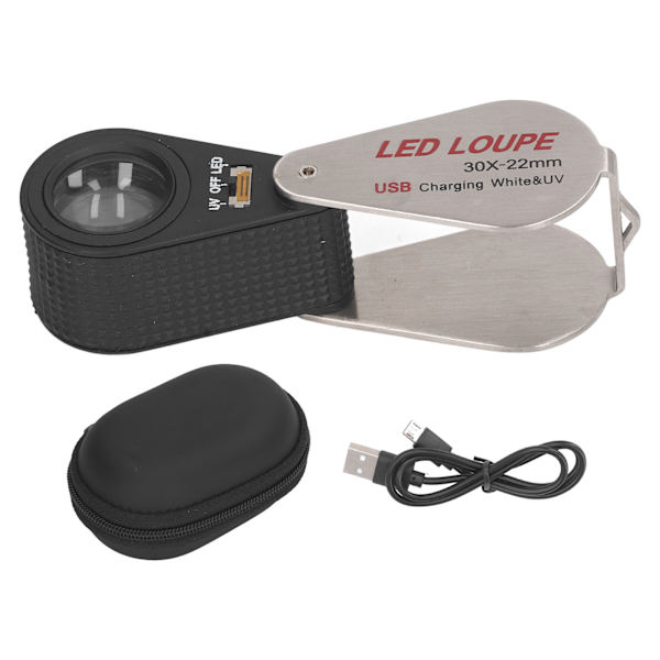 LED UV-lupp, uppladdningsbar, hopfällbar, bärbar, metall, 30x fickförstoringsglas för utomhusbruk