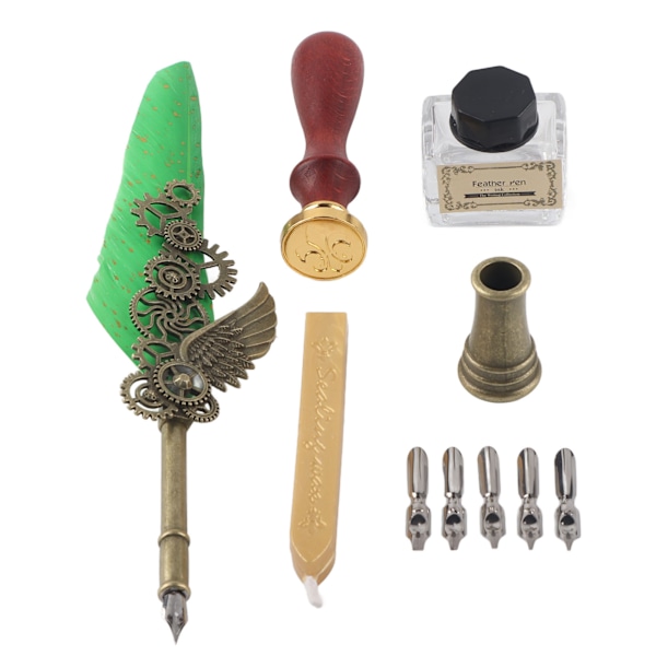 Fjærpennsett Retro Elegant Utsøkt Mønster Rustfritt Stål Nib Slitasjebestandig Kalligrafi Pen KitGrønn Fjærpenn