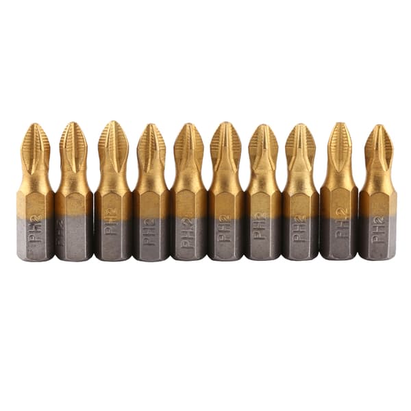 Titaniumbelagte PH2 Magnetiske S2 Skruetrækkerbits Sæt (10 stk, 1/4\" Hex Skaft, 25mm Længde)