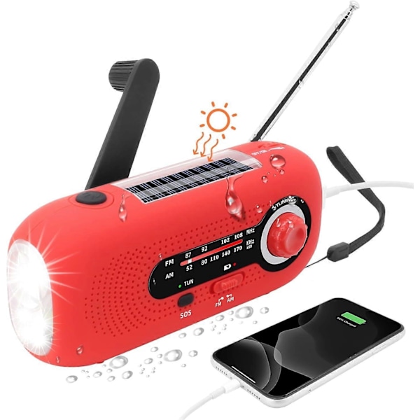 Rød Bærbar Solcelle Radio, Dynamo Radio, Solcelle Radio med SOS Alarm for Nødsituasjoner, Liten Radio, IPX3 Vanntett Radio, AM/FM Sveiveradio, Lommelykt,