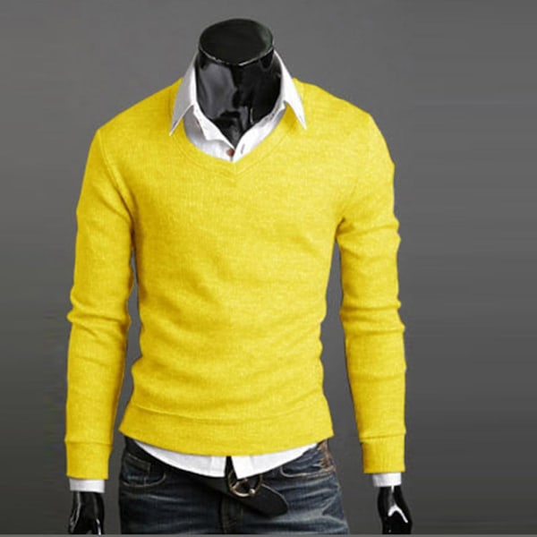 Klassisk herr V-ringad stickad pullover tröja XL gul