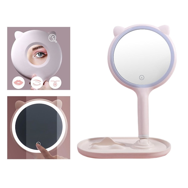 2 x LED-belyst sminkspegel för skrivbord, handhållen, dimbar, toalettbord, badrum, rosa