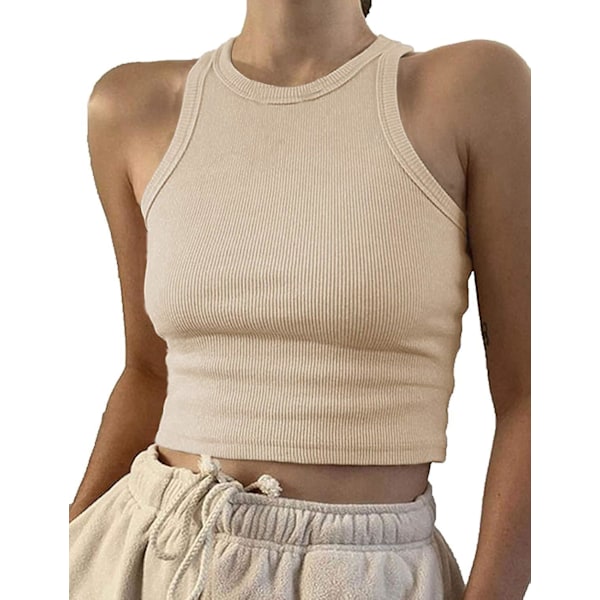 2 stk. Uformell, enkel, ermeløs turtleneck ribbestrikket Y2k crop tanktopp for kvinner, hvit+beige 6