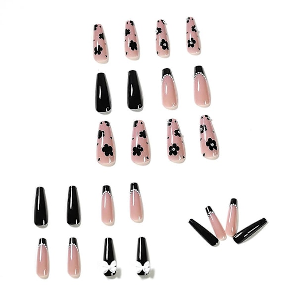 24 st Press on Nails Coffin för Kvinnor, Extra Långa Lösnaglar Lim på Naglar, Falska Naglar med Lim (Svart Blandad Rosa Blomma)