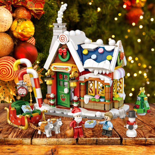 Julhus Trä Santa Claus Snögubbe Mini Byggsten Barnens Pedagogiska Leksaker Julgåva för Barn