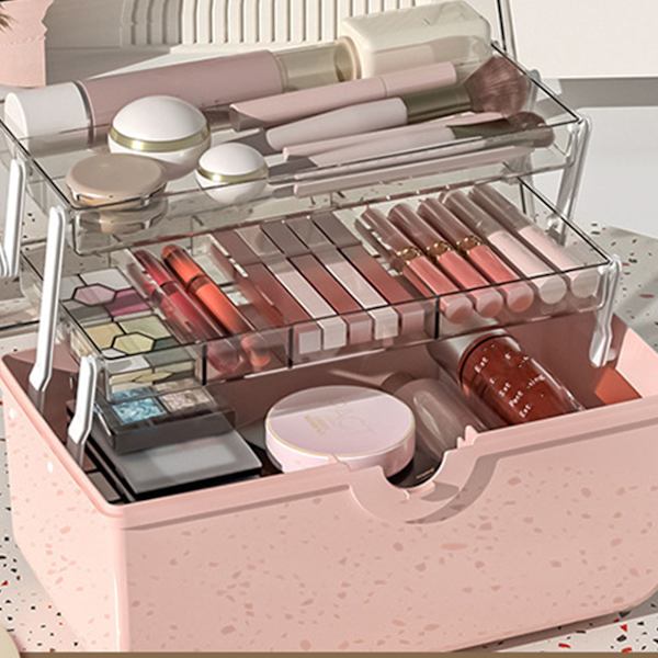 Skrivebords Makeup Box Transparent Plast Støvfri Høj Kapacitet Håndholdt Bærbar Opbevaringsboks L Pink