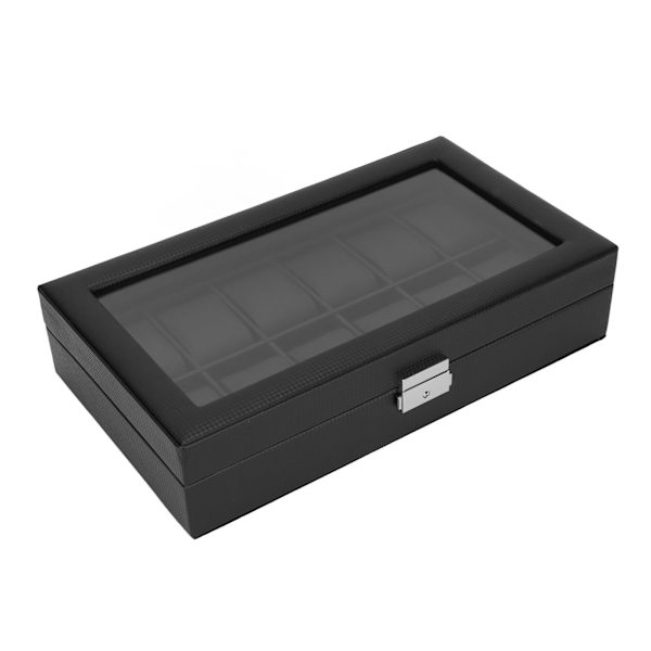 Ur Organizer til 12 ure - Sort kulfiber tekstur - Fortykket akryl låg - Ur display kasse - Ur opbevaringsboks