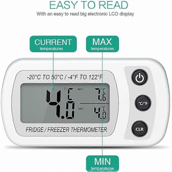 Kylskåpstermometer LCD-display Digital Vattentät Frysskåpstermometer med Magnetisk Krok Kylskåpstermometer (-20 50) Svart