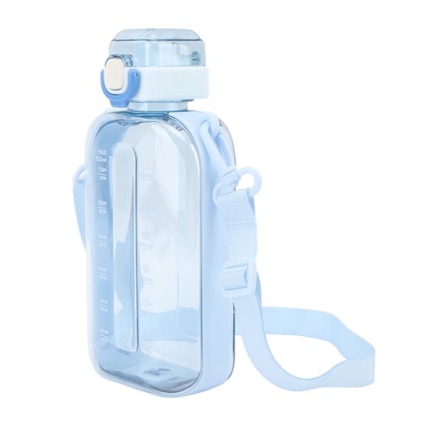 Flat vannflaske 750ml PC klar lekkasjesikker bærbar slank sportsvannflaske med skala og bære stropp for reise gym camping blå