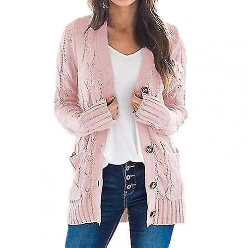 Twist Pattern V-hals Strikket Cardigan Genser for Kvinner M Rosa