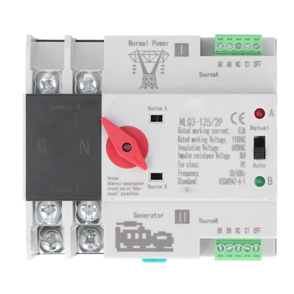 2P Dubbel Automatisk Transfer Switch Generator Transfer Omkopplingsbrytare AC110V 50Hz 60Hz 63A