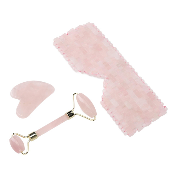Gua Sha-sett i rosa krystall for øyefascial skraping og jadestenrullesett for hudpleie og muskelavslapping